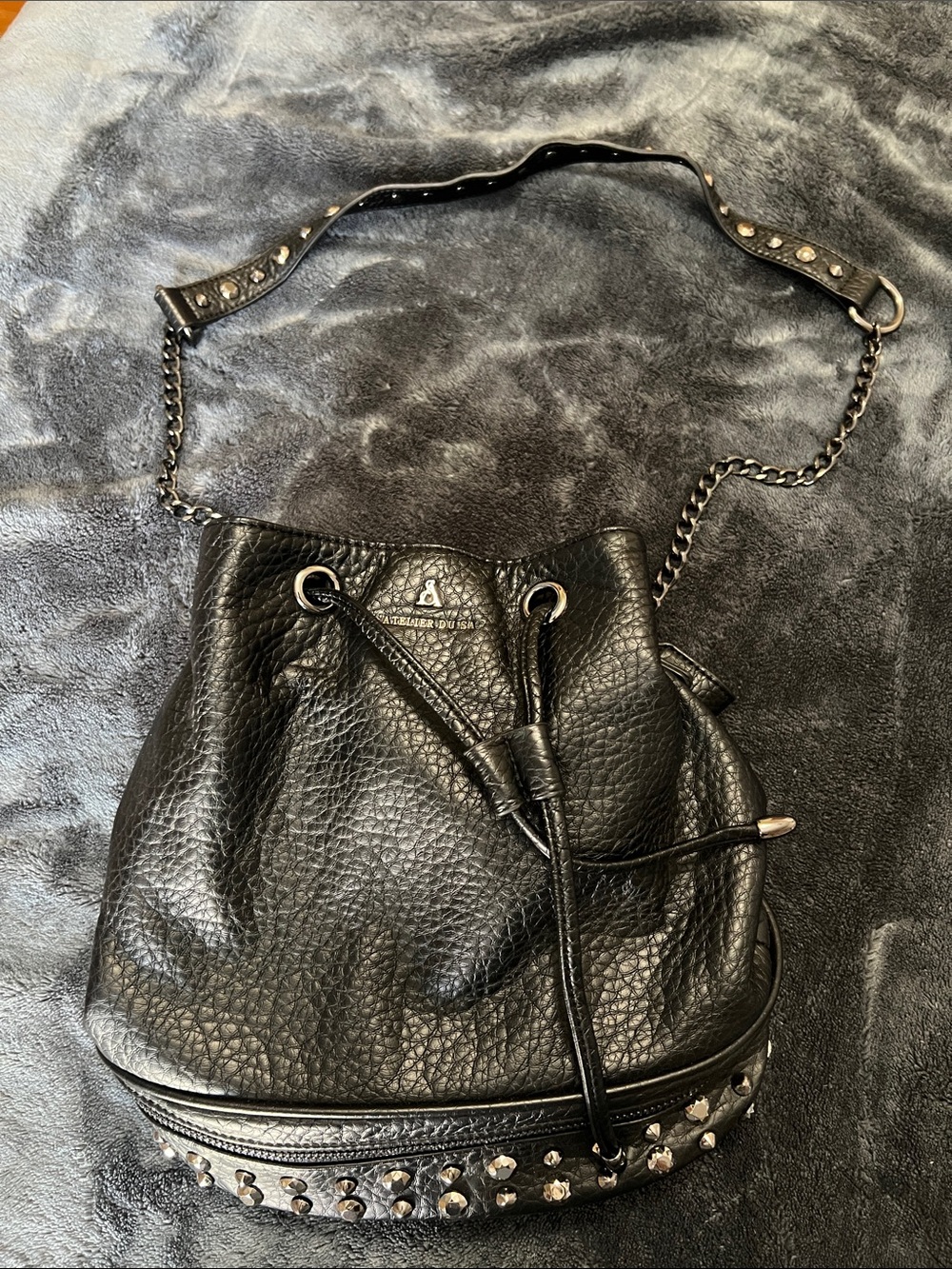 Studded Black Leather Drawstring Shoulder Bag
